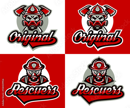 Set of vector illustrations on the theme of fire safety service. Fireman's logo, gas mask, helmet, skull, axes. Text, lettering. Typography, T-shirt graphics, print, banner, poster