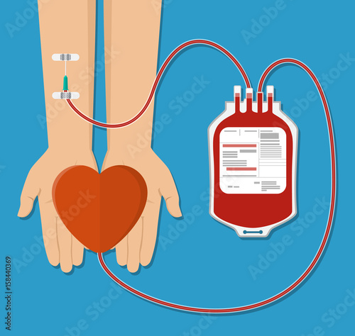 blood bag and hand of donor with heart.