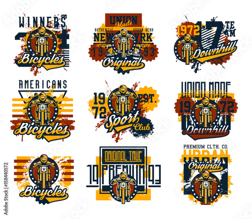 Collection of vector illustration on the theme of mountain bike cyclist performs a trick on the bike. Grunge effect, text, inscription. Typography, T-shirt graphics, print, banner, poster, flyer