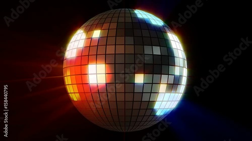 3d animation of turning disco ball over black background, seamless loop