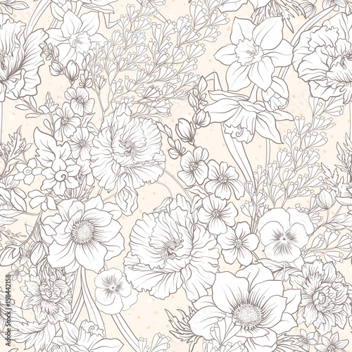 Seamless pattern with poppy flowers, daffodils, anemones, violet © Elen Lane