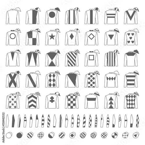 Jockey uniform. Traditional design. Jackets, silks, sleeves and hats. Horse riding. Horse racing. Icons set. Isolated on white. Vector illustration.