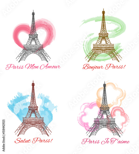 Eiffel tower signs vector illustration. Paris towers isolated on white background with text bonjour and salute and watercolor heart