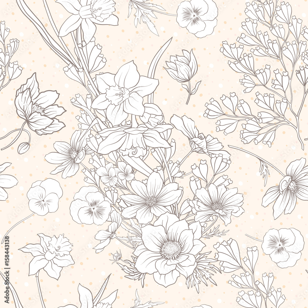 Fototapeta premium Seamless pattern with poppy flowers, daffodils, anemones, violet