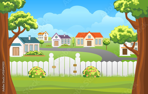 Outdoor backyard background cartoon vector illustration. Home sunny suburb patio courtyard area with grass and fence