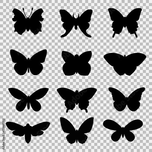 Black butterflies set on transparent background