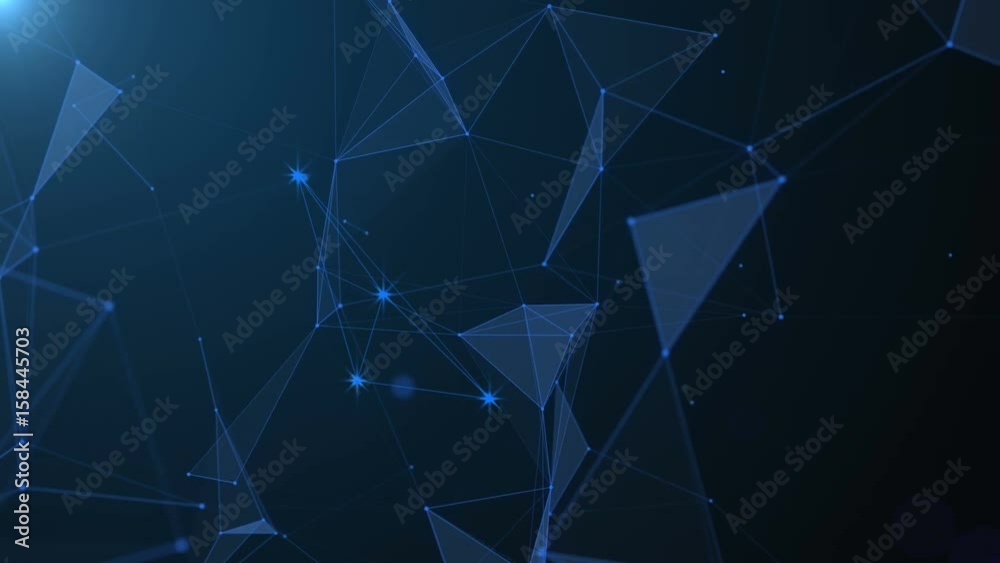 Abstract blue geometric background with moving lines, dots and triangles. Plexus fantasy abstract technology. Loop animations.
