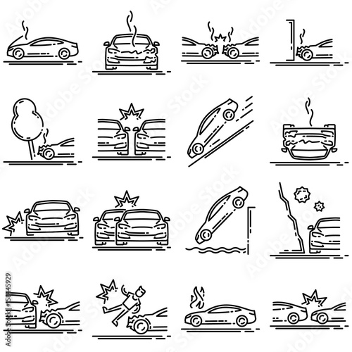Set of car accident outline vector icon.
