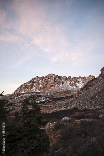 pink morning on rocky mountain ridge