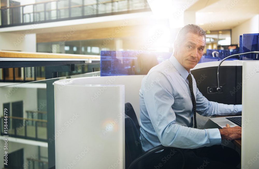 Confident businessman looking at camera while browsing laptop Confident businessman looking at camera while browsing laptop