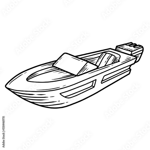 Powerboat hand drawn engraving sketch vector summer voyage cruise transportation illustration. Retro vintage marine transport. Boat symbol on white background.