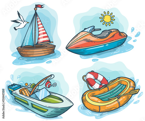 Powerboat, sailboat, water bike, inflatable boat hand drawn engraving sketch vector set. summer voyage cruise transportation illustration. Retro vintage marine transport. Boat symbol on white