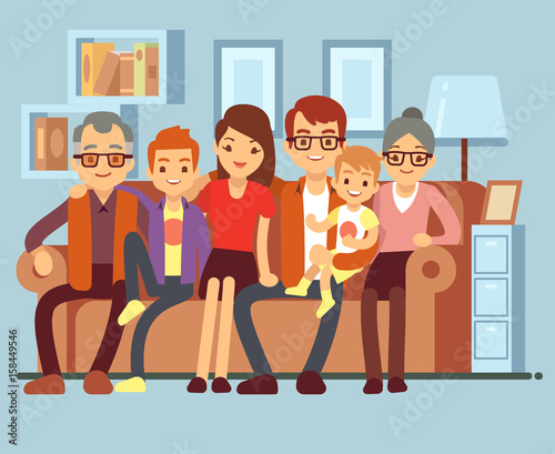 Happy family sitting on sofa. Grandpa and grandma, parents and kids flat vector illustration