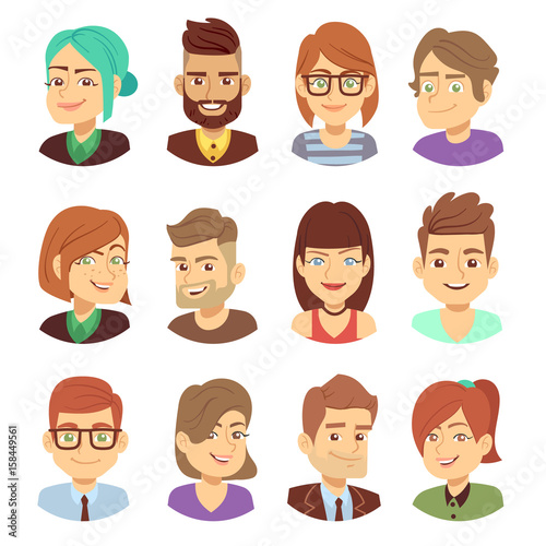 Happy vector characters. Young man and woman smiling faces avatar collection