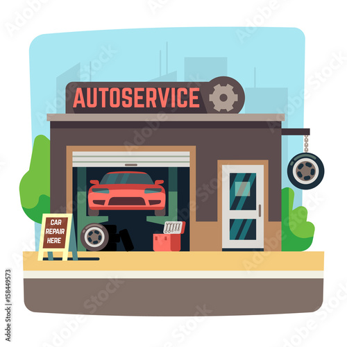 Car repair mechanic shop with automobile inside auto garage vector illustration