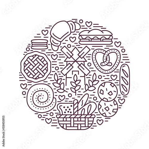 Bakery, confectionery poster template. Vector food line icons, circle illustration of sweets, pretzel, croissant muffin pastry, cupcake, pie, mill. Bread house products banner white background.