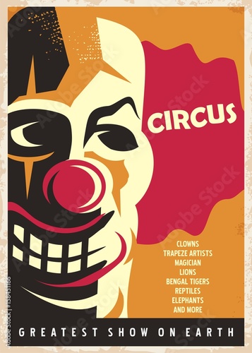 Circus poster design template with red nose clown portrait on yellow background