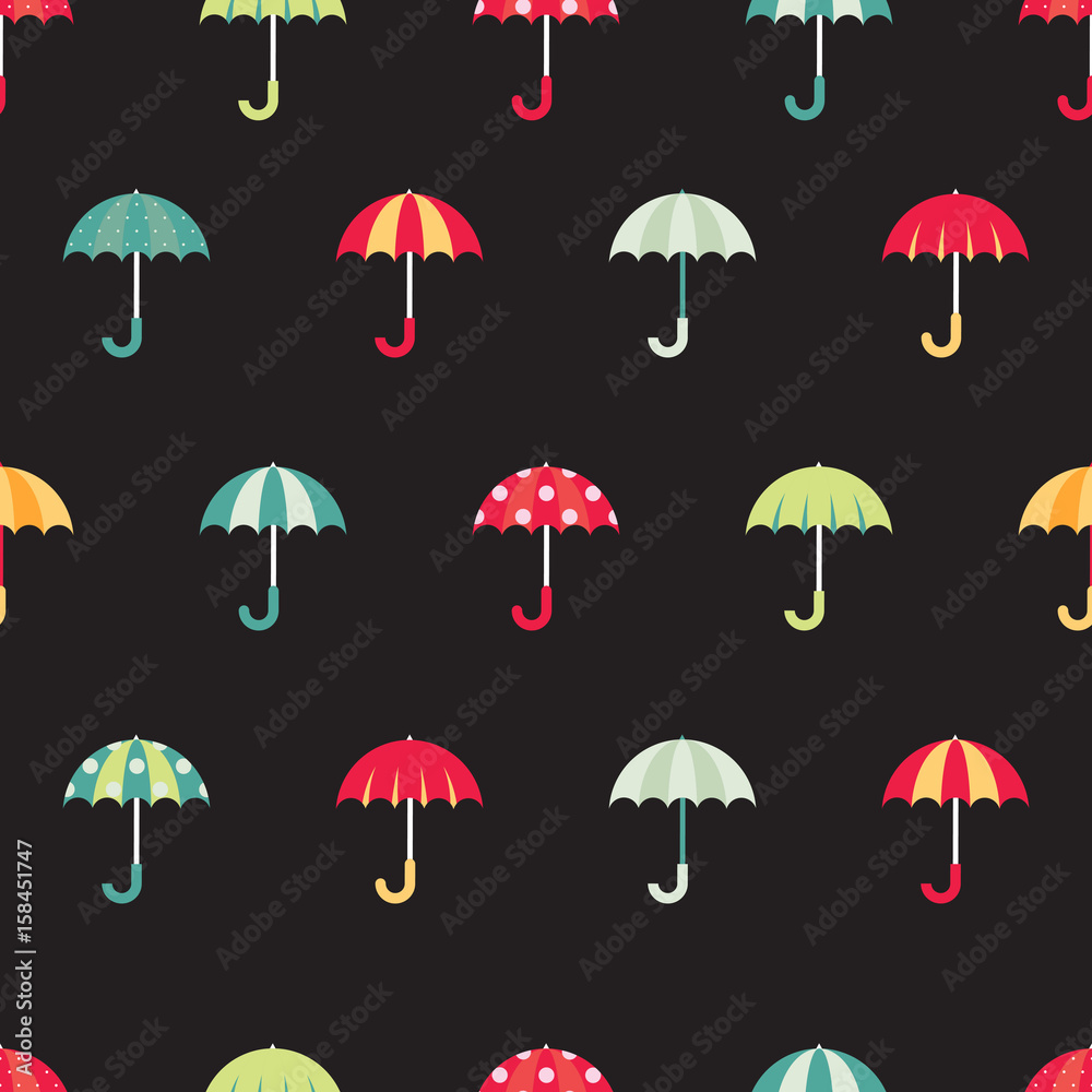 Cute regular seamless pattern with colorful umbrellas. Vector illustration on dark background.