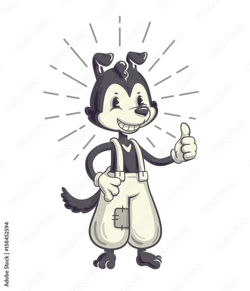 Dog character in retro 40s years cartoon style. Vector illustration of comic  animal standing on hind legs in pants. Cute pet with thumb up. Stock Vector  | Adobe Stock