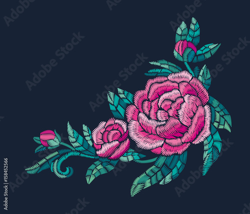 Embroidery flower design with peony, leaves and buds in vector. Stitched floral pattern for neckline decoration.