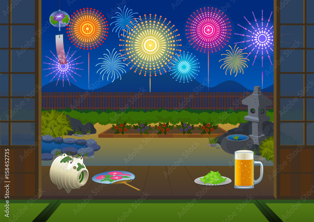縁側 夏の花火 Stock イラスト Adobe Stock