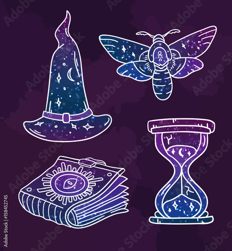 Cool set with mystic attributes in vector. Doodle magic prints with galaxy pattern. Collection with wizard hat and book, night hawk moth and sandglass.