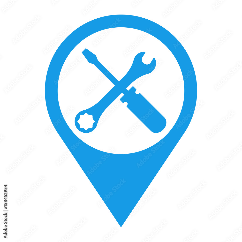 Icono plano localizacion destornillador y llave azul Icono plano localizacion destornillador y llave azul