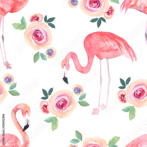 Watercolor seamless pattern. Floral print with flamingo and roses