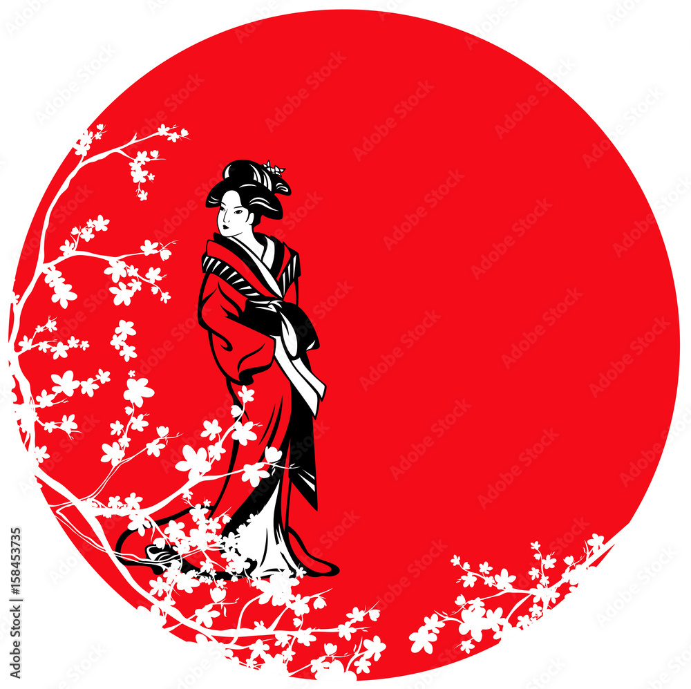 Obraz premium beautiful japanese geisha among sakura blossom against red sun vector design