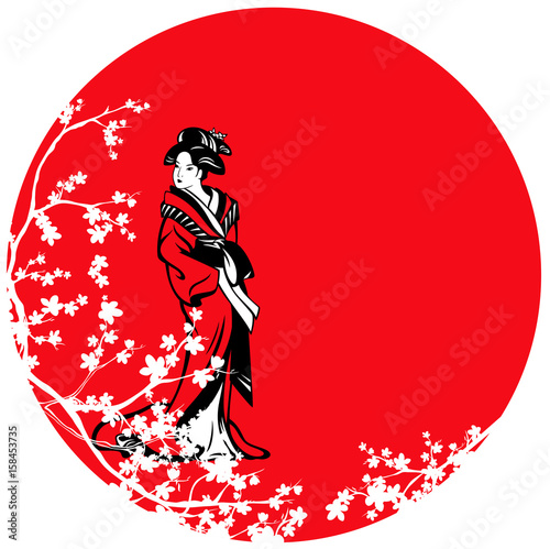 Fotografie, Tablou beautiful japanese geisha among sakura blossom against red sun vector design