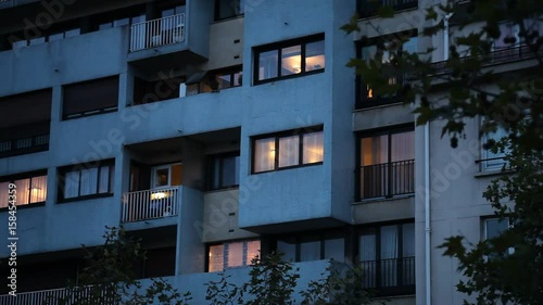 abstract apartment building establishing shot at night