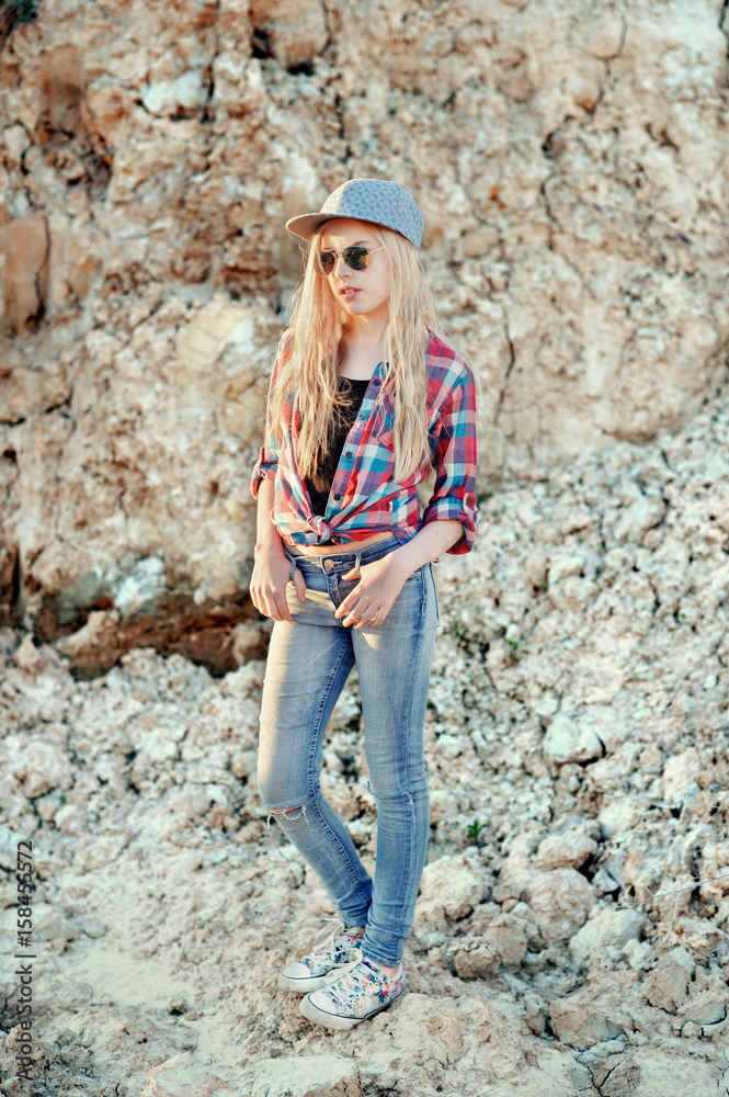 Beautiful modern teen girl. Youth style. Hip hop girl. Beautiful modern teen girl. Youth style. Hip hop girl.