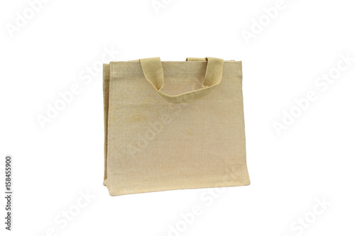 Shopping bag made out of recycled Hessian sack on white background.