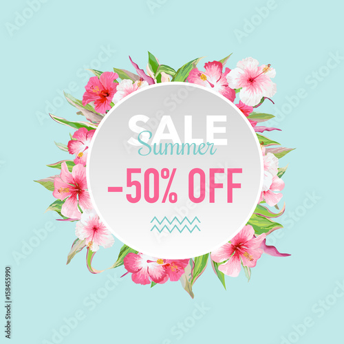 Summer Sale Tropical Flowers Banner, for Discount Poster, Fashion Sale, Market Offer in vector