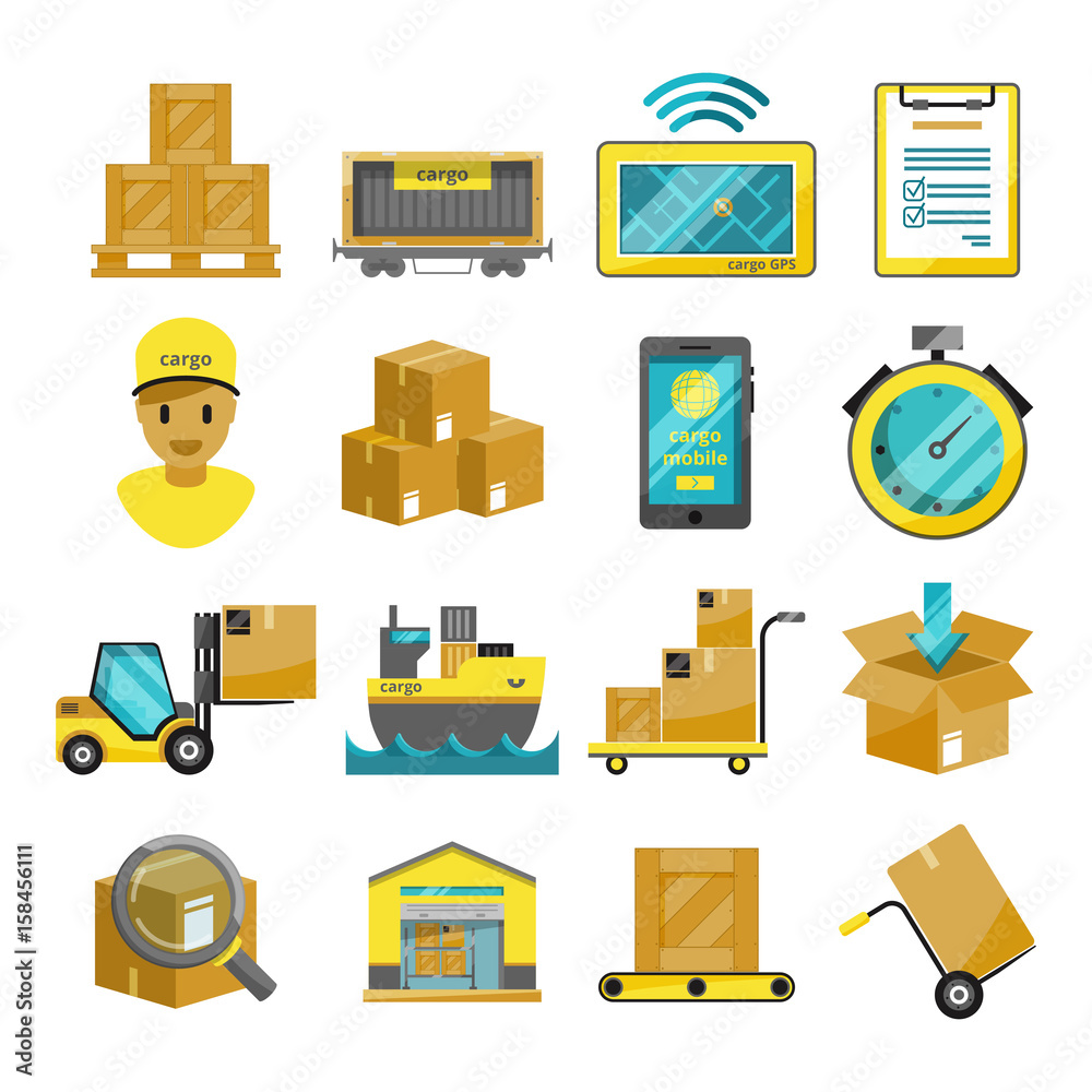 Container boxes, trucks, ships and other cargo icons. Vector illustrations
