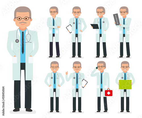 Doctor character creation set. The pediatrician, physician, medic. Icons with different types of faces, emotions, front, rear side. Vector flat illustration
