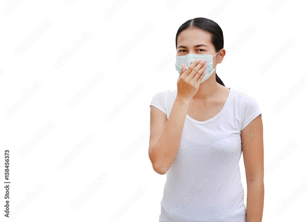 Asian woman wearing a protective mask isolated on white background. Asian woman wearing a protective mask isolated on white background.