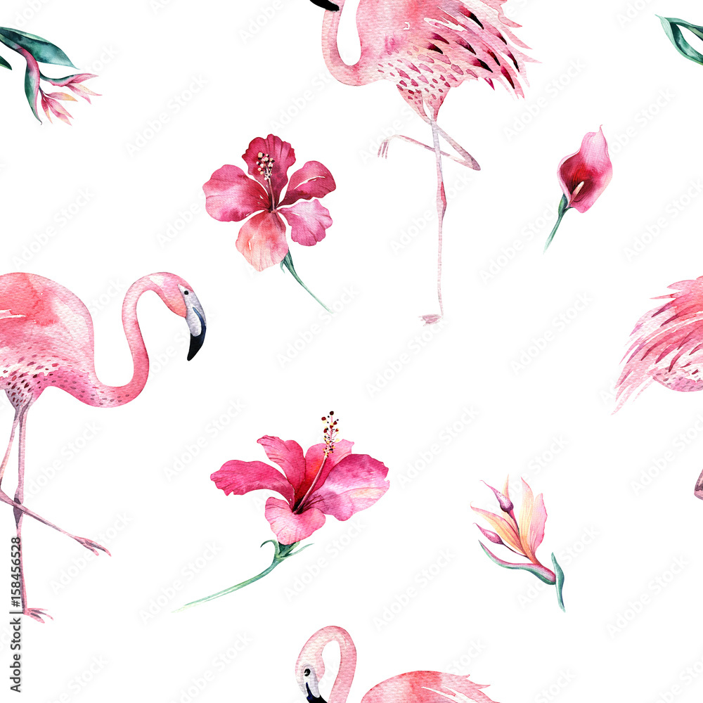 Obraz premium Tropical isolated seamless pattern with flamingo. Watercolor tropic drawing, rose bird and greenery palm tree, tropic green texture, exotic flower. Aloha set