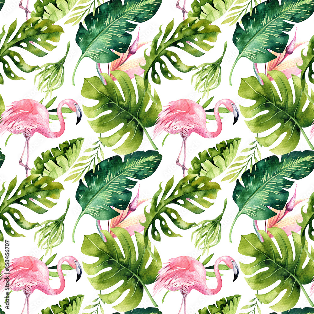 Naklejka premium Tropikalny na białym tle wzór z flamingiem. Akwarela rysunek zwrotnik, róża ptak i palmy zieleni, zwrotnik zielony tekstura, egzotyczny kwiat. Zestaw Aloha