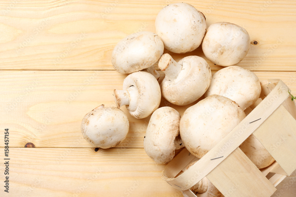 mushrooms on light wooden background. top view with copy space mushrooms on light wooden background. top view with copy space