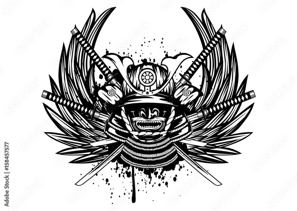 Obraz premium samurai helmet, menpo with yodare-kake, crossed katana and wings