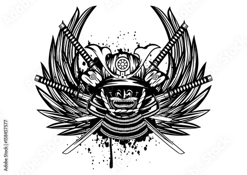 samurai helmet, menpo with yodare-kake, crossed katana and wings
