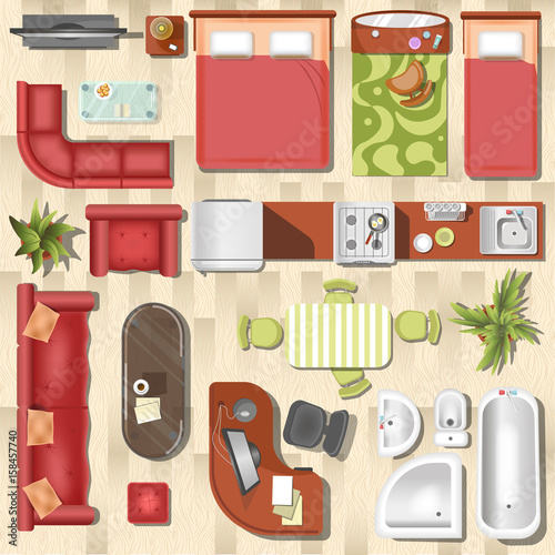 Apartment flat furniture layout top view vector interior