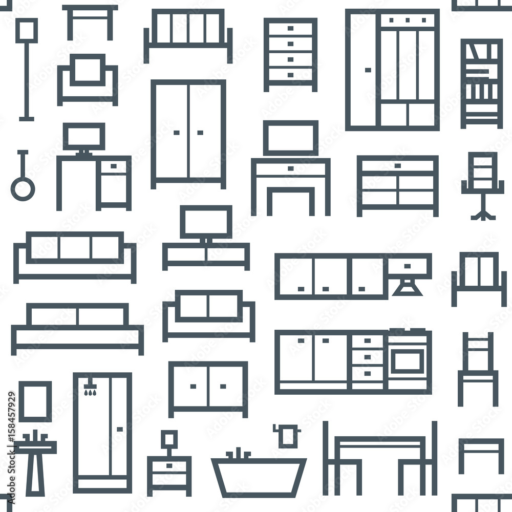 Furniture themed vector seamless outline pattern background 5