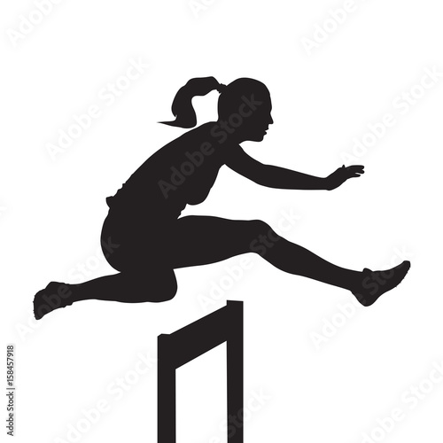 Woman jumping and running over hurdles, hurdle race, vector silhouette