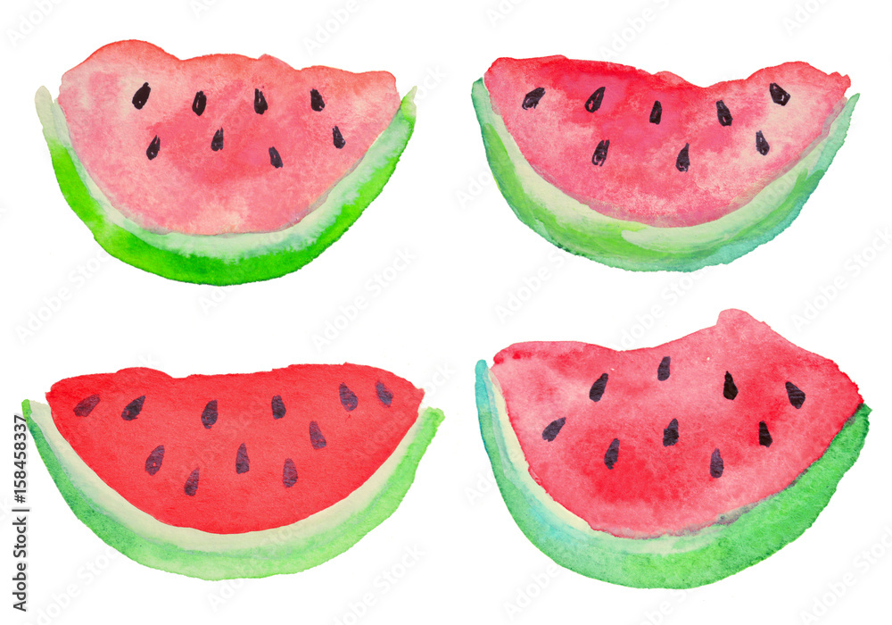 Set with watercolor slices of watermelon on white background Set with watercolor slices of watermelon on white background
