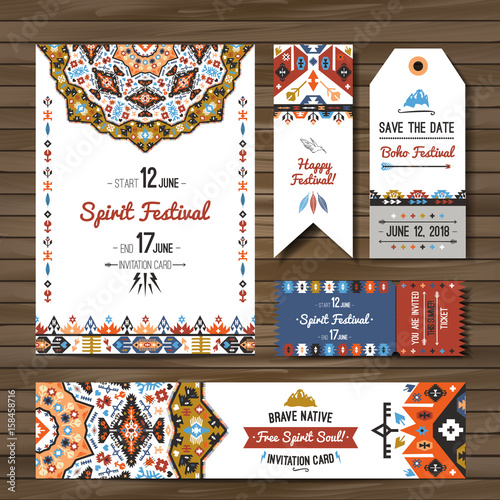 Collection of banners, flyers or invitations with geometric elements. Flyer design in bohemian style