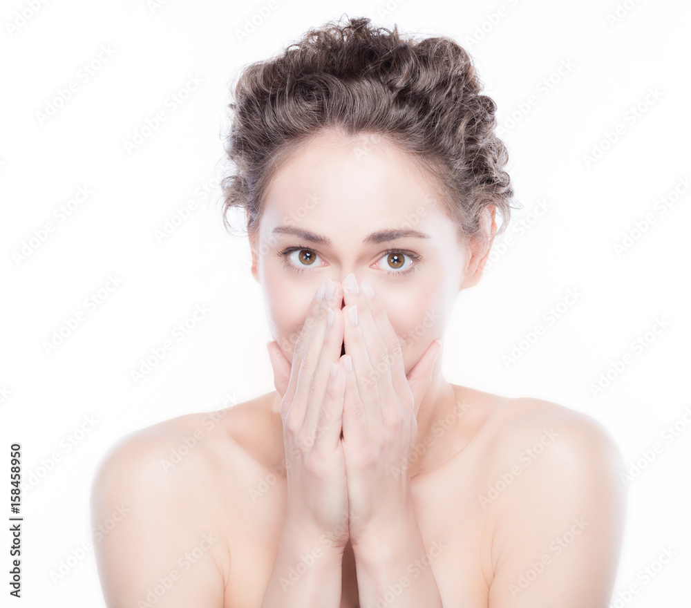 Young smiling woman scared face expression Young smiling woman scared face expression