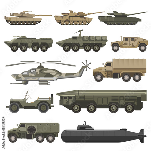 Military transport and army wartime machines vector isolated icons set