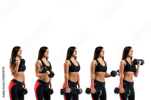 Stages of exercise with dumbbells on the biceps. Young sportive woman fitness model doing an exercise with dumbbells on biceps, on white isolated background
